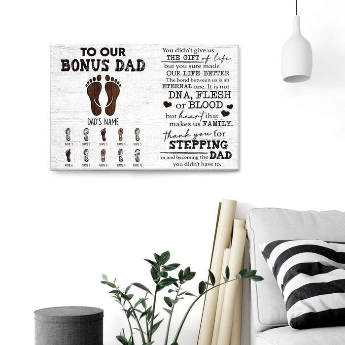 To our bonus Dad heart that makes us Family, Gift for Dad Personalized Canvas