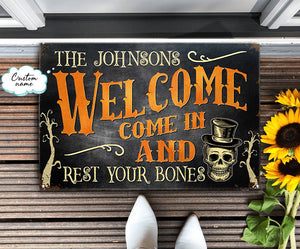 Halloween, Welcome come in and rest your bones, Personalized Door Mat