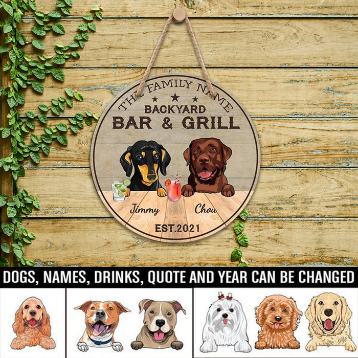 Backyard Bar & Grill, Sipping – Grilling – Chilling, Personalized Wooden Hanging Sign
