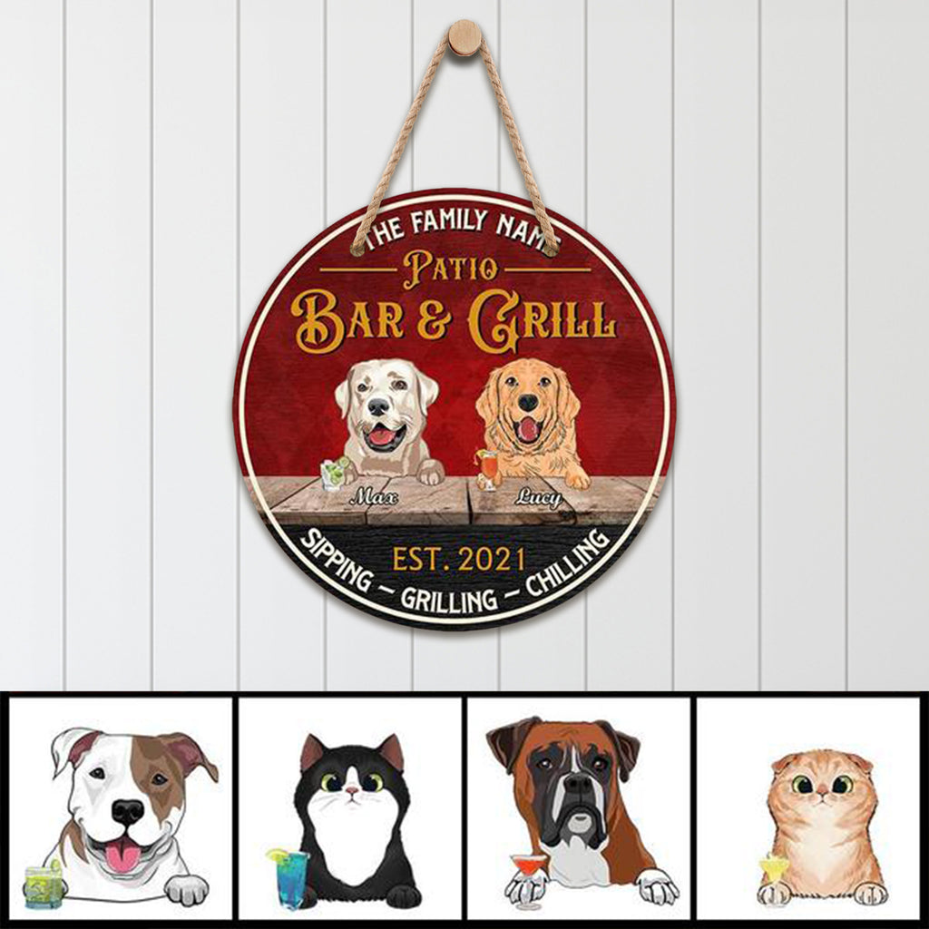 Patio Bar & Grill, Sipping – Grilling – Chilling, Personalized Wooden Hanging Sign