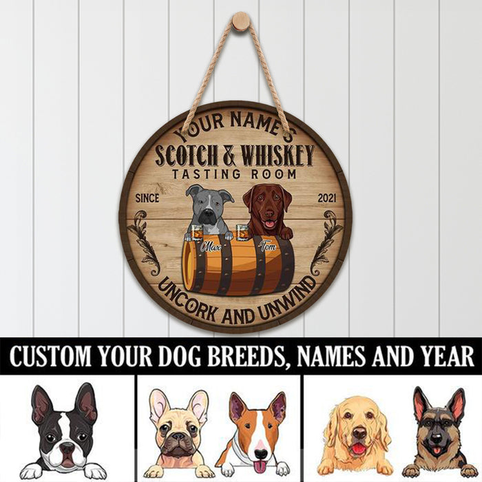 Scotch & Whiskey Tasting Room Uncork And Unwind, Personalized Wooden Hanging Sign