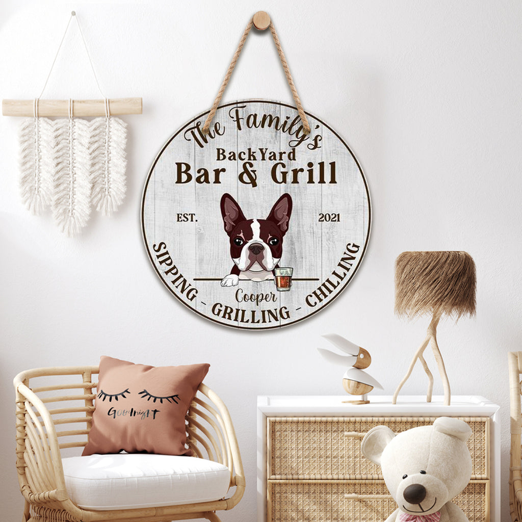 Backyard Bar & Grill, Sipping – Grilling – Chilling, Personalized Wooden Hanging Sign