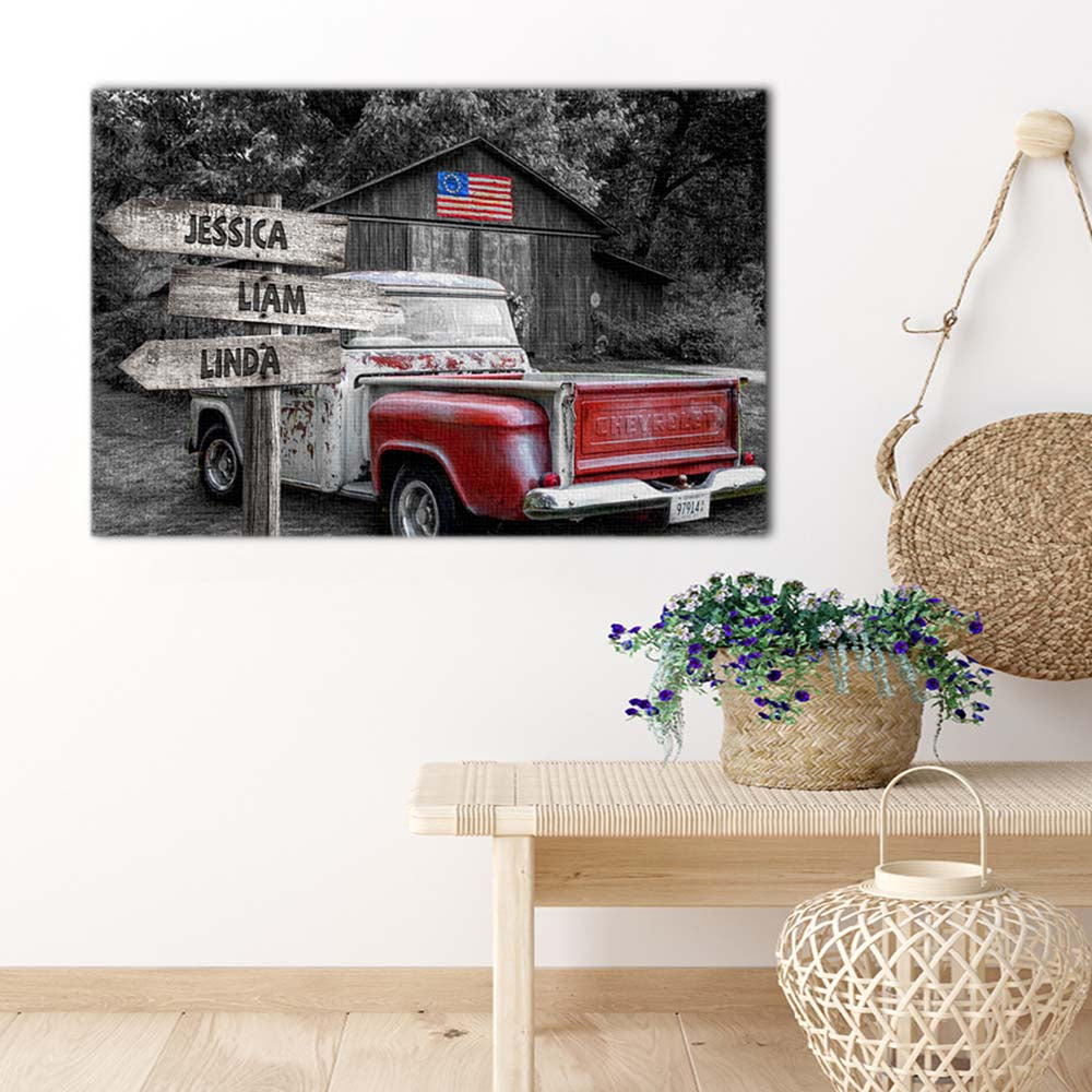 Old Truck And American Flag Personalized Street Signs Canvas