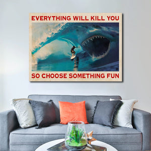 Surfing With Shark Is Fun, Adventure lover Canvas, Surfing Canvas, Gift for Him