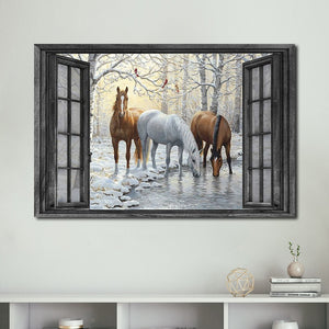 The Horses and Cardinal Birds Out Side The Window, Horses lover Canvas