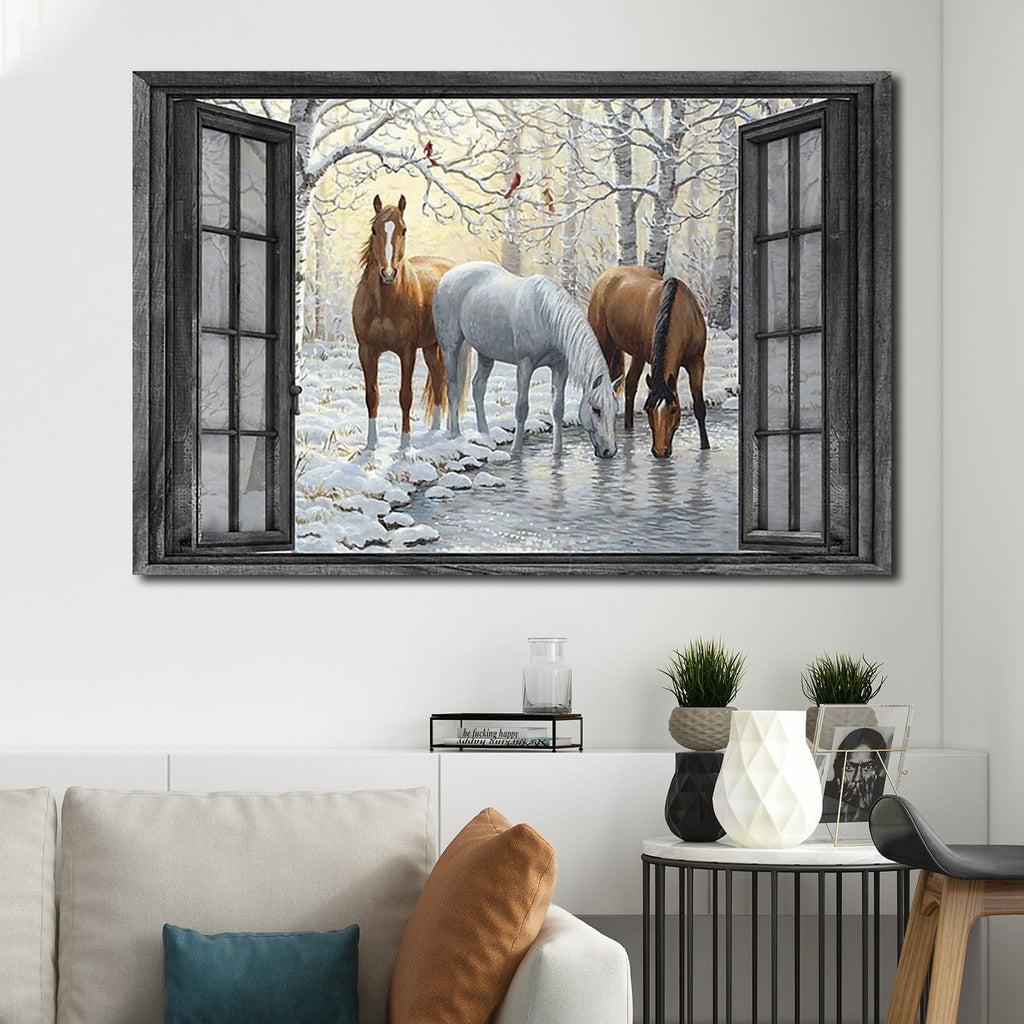 The Horses and Cardinal Birds Out Side The Window, Horses lover Canvas