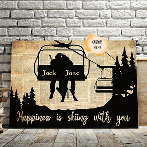 The Couple On The Ski Lift - Happiness Is Skiing With You, Couple Canvas, Personalized Canvas
