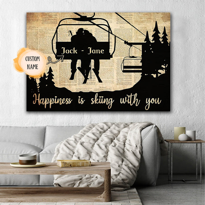 The Couple On The Ski Lift - Happiness Is Skiing With You, Couple Canvas, Personalized Canvas