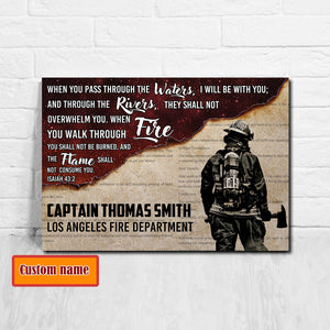 Firefighter Canvas, When You Pass Through The Water, I Will Be With You Customized Canvas
