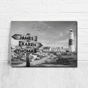 Lighthouse Black & White Street Signs Canvas, Personalized Canvas