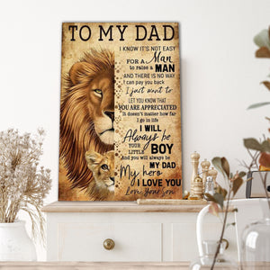 To My Dad Art Lion Dad Poster Father's Day, Gift From Son Lion Canvas