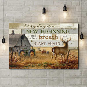 Tractor And Deers In The Morning - Every Day Is A New Beginning, Canvas