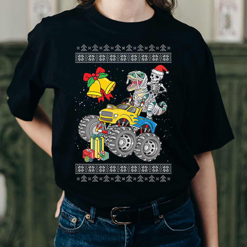Santa Skull Ridding Dinosaurs Christmas Shirt