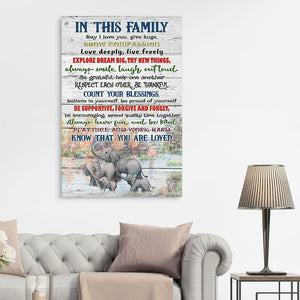 In this Family say I lovve you, give hugs, explore dream big, try new things, Family Elephants Canvas