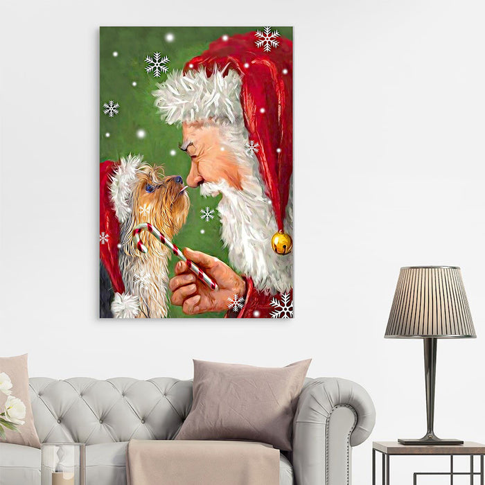 Yorkshire Terrier In Santa Hat And Santa Claus Merry Christmas Canvas, Dogs lover Canvas