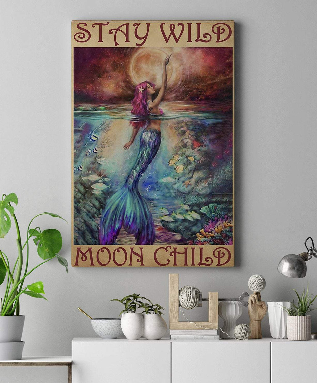 Stay Wild Moon Child-Mermaid Canvas 0.75 & 1.5 In Framed -Home Living - Wall Decor, Canvas Wall Art
