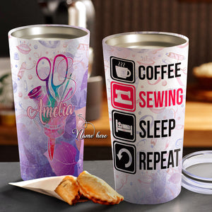 Coffee Sewing Sleep Repeat Personalized Tumbler - Mother's Day Gift, Mom Tumbler, Mom Cup