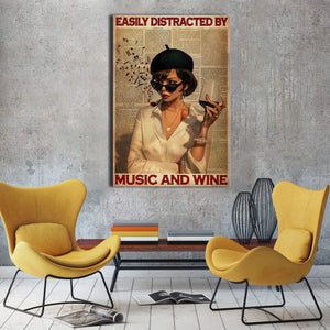 Girl Smoking With Music And Wine - Easily Distracted By Music And Wine - 0.75 & 1.5 In Framed - Home Wall Decor, Wall Art