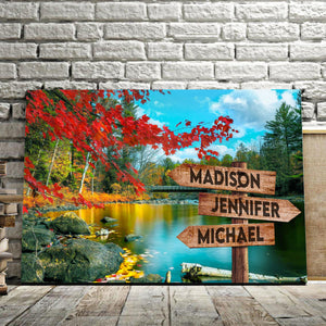 Autumn On The Stream Multi-Names Canvas - Family Street Signs Customized With Names- 0.75 & 1.5 In Framed -Wall Decor, Canvas Wall Art