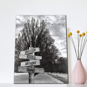 Snow Road and Birds- Multi-Names Premium Canvas - Street Signs Customized With Names- 0.75 & 1.5 In Framed -Wall Decor, Canvas Wall Art