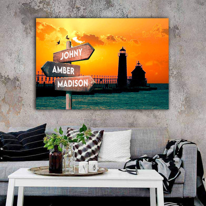 Sunset And Lighthouse Multi - Names Canvas - Family Street Signs Customized With Names Canvas