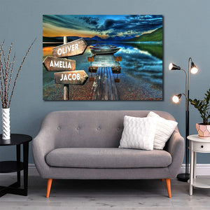 Sunset On The River Wharf Multi-Names Canvas - Family Street Signs Customized With Names- 0.75 & 1.5 In Framed -Wall Decor, Canvas Wall Art