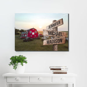 Canada Barn Sunset Multi-Names Premium Canvas - Family Street Signs Customized With Names- 0.75 & 1.5 In Framed -Wall Decor, Canvas Wall Art