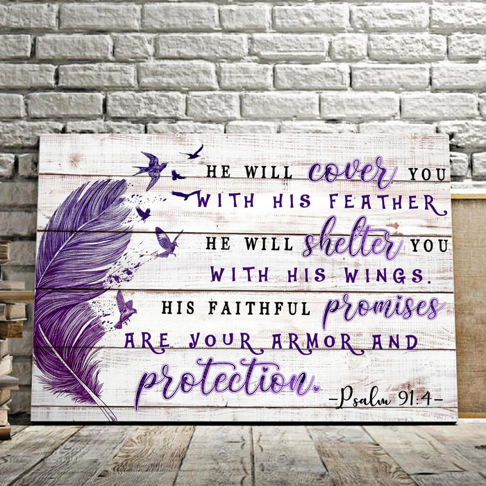 Feather and Bird Psalm Quotes - He Will Cover You With His Feathers Canvas