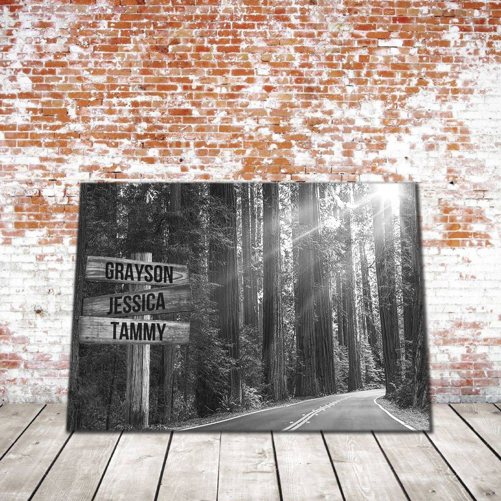Personalized Black and White Tranquil Road Multi-Names Premium Canvas -Street Signs Customized With Names -0.75 & 1.5 In Framed Canvas