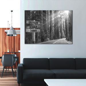 Personalized Black and White Tranquil Road Multi-Names Premium Canvas -Street Signs Customized With Names -0.75 & 1.5 In Framed Canvas