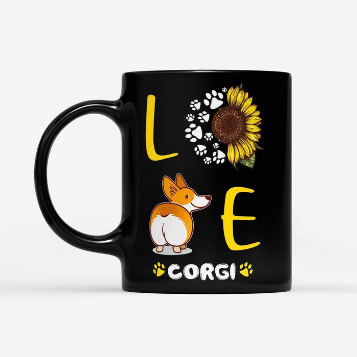 Love Sunflower Corgi - Black Mug - Sunflower Mug, Gifts for Sunflower Lovers, Sunflower Cup