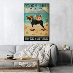 Boston Terrier  Beach Life- Sandy Toes & Salty Kisses 1,5 Framed Canvas -Best Gifts for Animal Lovers - Home Living- Wall Decor