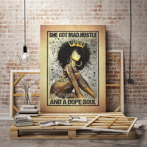 Black Afro Girl Music She Got Mad Hustle And A Dope Soul Framed 1,5 Framed Canvas - Home Living- Wall Decor - Canvas Wall Art