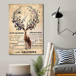 To My Grandson This Old Deer Will Always Have Your Back Love From Grandma Canvas 0.75 & 1.5 In Framed - Wall Decor, Canvas Wall Art