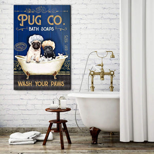 Couple Pug Dog Bath Soap Wash Your Paws Vertical 0,75 and 1,5 Framed Canvas - Gifts Ideas- Home Decor- Canvas Wall Art