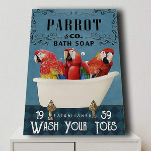 Parrot Bath Soap Wash Your Toes- Funny Bathroom Decor 0,75 and 1,5 Framed Canvas - Gifts Ideas- Home Decor- Canvas Wall Art