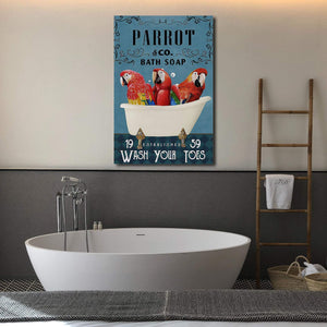 Parrot Bath Soap Wash Your Toes- Funny Bathroom Decor 0,75 and 1,5 Framed Canvas - Gifts Ideas- Home Decor- Canvas Wall Art