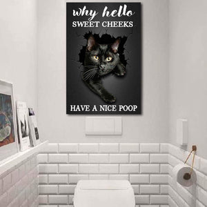 Black Cat Why Hello Sweet Cheeks Have Nice Poop 0.75 & 1.5 In Framed Canvas - Home Living -Wall Decor - Canvas Wall Art