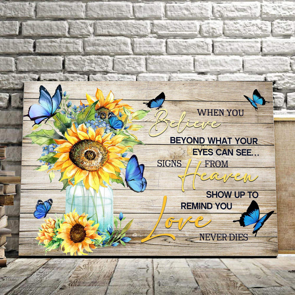 Believe Heaven Love- Best Gift For Sunflowers And Butterflies Lovers 0.75 and 1,5 Framed Canvas - FarmHome Decor - Wall Decor