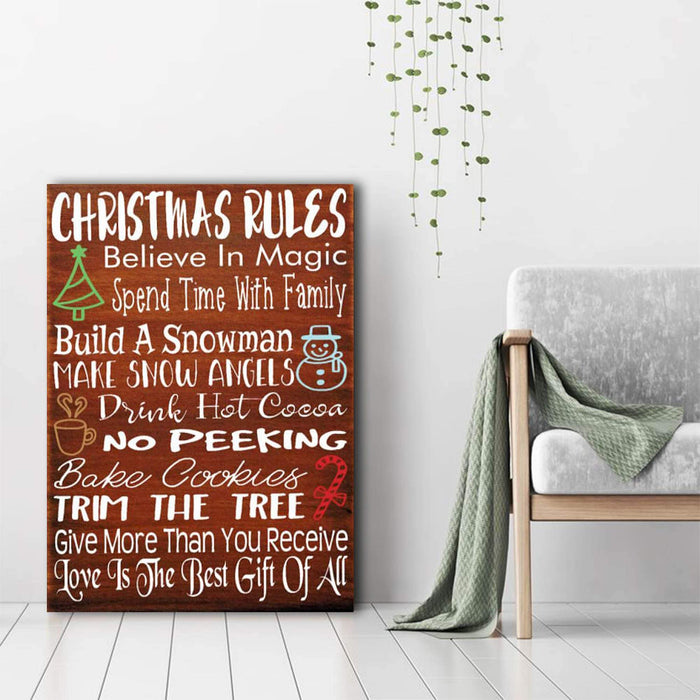 Christmas Rules Family Hanging - Christmas Art, Farmhouse Christmas, Rustic Christmas - Canvas