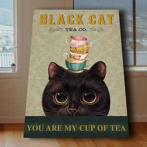 Black Cat With Big Eyes And Cup Of Tea - Tea Co. You Are My Cup Of Tea 0,75 and 1,5 Framed Canvas - Gifts Ideas- Home Decor- Canvas Wall Art