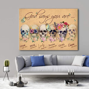 Flower Skulls God Says You Are Unique Special Lovely 0.75 and 1,5 Framed Canvas -Home Living- Wall Decor