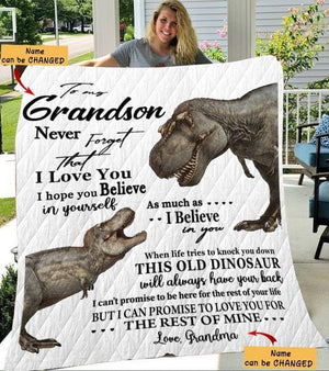 Personalized Dinosaur To My Grandson Blanket, Dinosaur Blanket, Fleece Blanket, Christmas Quilt, Xmas Gift, Gift For Grandson, Custom Name