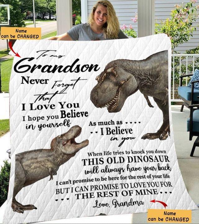 Personalized Dinosaur To My Grandson Blanket, Dinosaur Blanket, Christmas Quilt, Custom Name Blanket