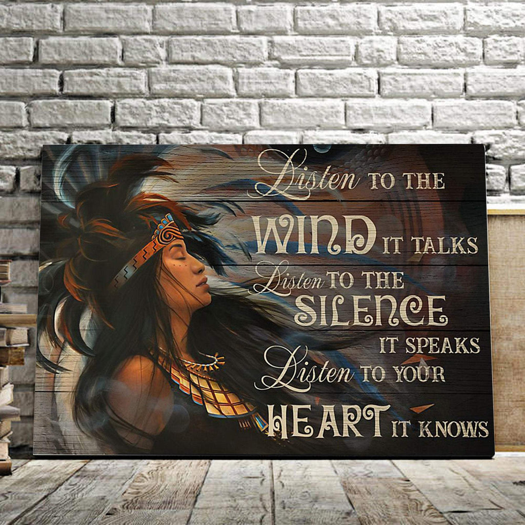 The Native American Girl - Listen To The Wind, It Talks 0.75 and 1,5 Framed Canvas - Home Living- Wall Decor