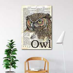 Dictionary Owl Vertical 0.75 & 1,5 Framed Canvas - Best Gift for Animal Lovers - Home Living - Wall Decor