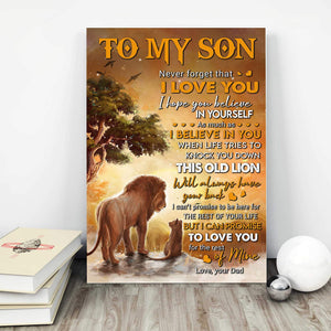 Lion And Son - To My Son, Never Forget That I Love You, I Hope You Believe In Yourself 0.75 & 1,5 Framed Canvas - Home Living -Wall Decor