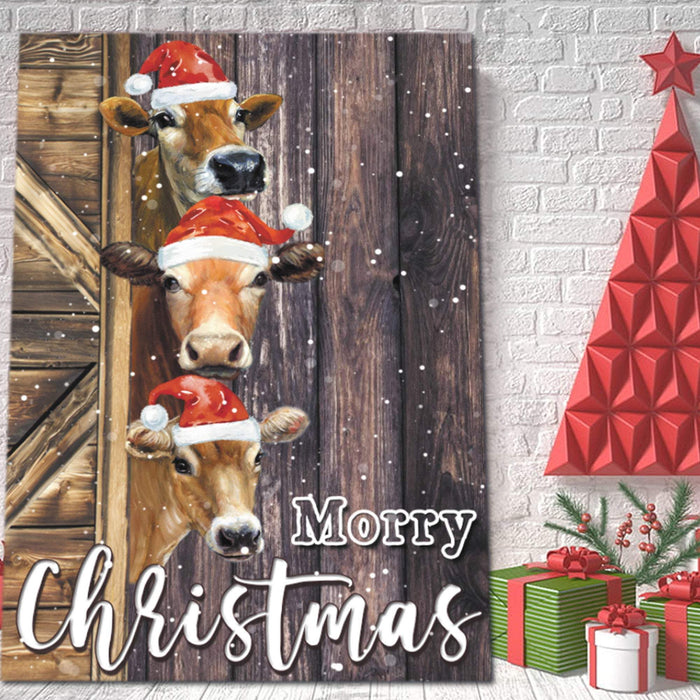 Funny Cow Morry Christmas Canvas, Farmer Gift, Merry Christmas