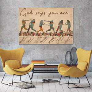 Baseball God Says You are Unique Special 0.75 & 1.5 In Framed Canvas -Home Decor- Wall Decor, Canvas Wall Art