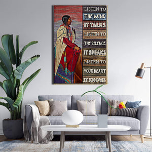Native Woman Listen To The Wind It Talks Vertical 0.75 & 1,5 Framed Canvas - Home Living -Wall Decor